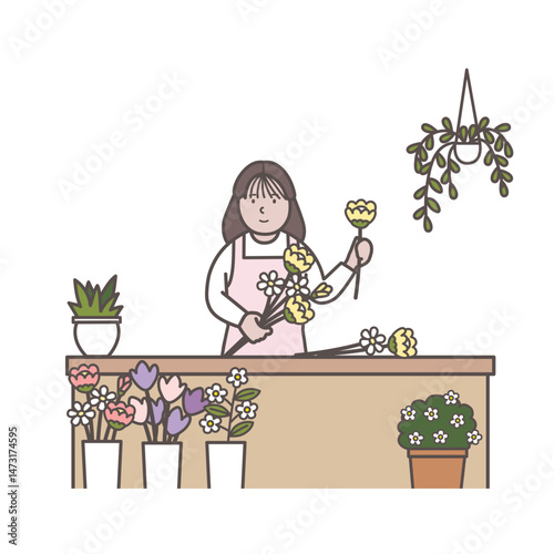 ブーケをつくる花屋の女性店員のイラスト