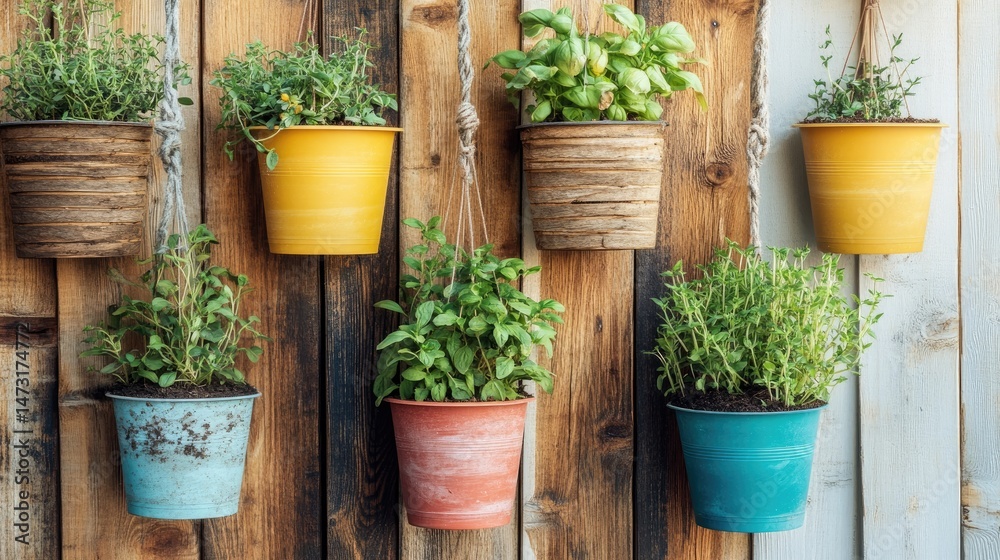 Small space garden with stacked planters, decorative rocks, and hanging herbs along a wooden fence Small space garden with stacked planters, decorative rocks, and hanging herbs along a wooden fence