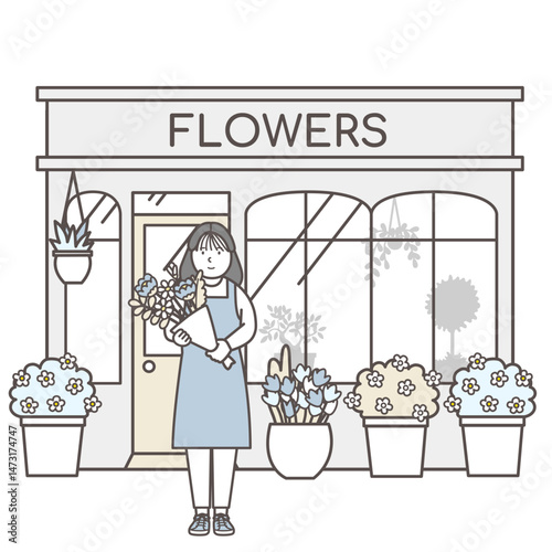 花屋の前にたつ女性店員のイラスト