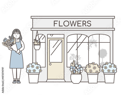 花屋と女性店員のイラスト