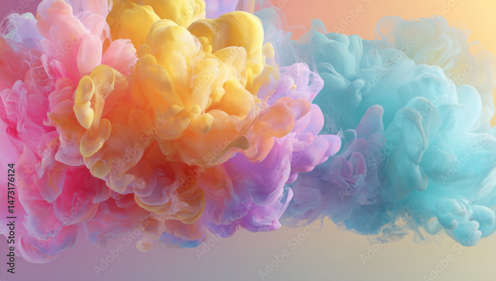 Fototapeta premium Abstract pastel color ink swirls, vibrant hues of pink, yellow, and blue create a dreamy, ethereal cloud formation. Perfect for designs needing a soft, colorful, and artistic touch. : Generative AI