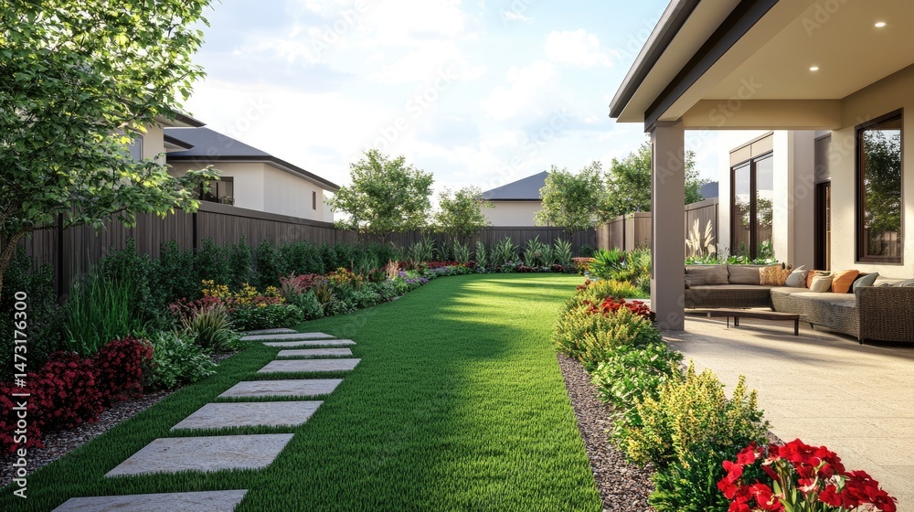 Naklejka premium Suburban backyard garden with fresh turf, stepping stones, and perimeter flower beds under bright sky