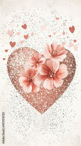 Glitter heart with pastel pink flowers and hearts design