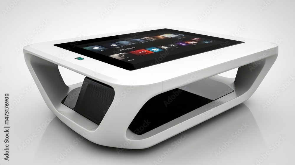 Technology-focused remote work desk with touchscreen video interface and team management tools