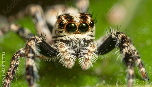 Close-Up View of a Brown Spider with Green Background