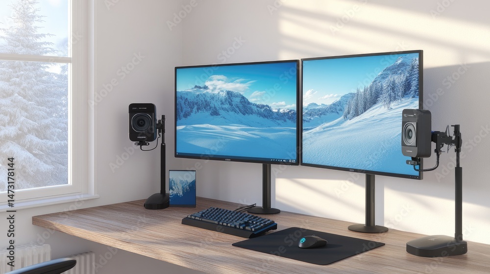 Fototapeta premium Video call ready desk with dual monitors, high-res camera, and wireless mic on wooden surface