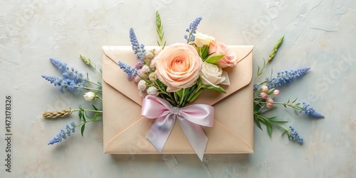 A delicate bouquet of pastel roses and wildflowers adorns a kraft paper envelope tied with a soft pink ribbon, creating a charming and elegant arrangement.