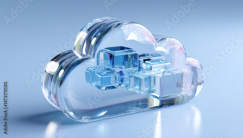 Abstract 3D render of a glass cloud shape containing blue crystal cubes, symbolizing data storage and cloud computing technology. : Generative AI