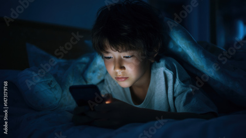 A young boy lies in bed at night, illuminated by the screen of his smartphone, engrossed in its glow.  He's tucked under a blanket, his face partially obscured by shadows. : Generative AI