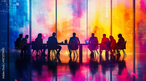 Silhouettes of people seated around a table in a modern meeting room, vibrant colors reflect on the floor from a city at night