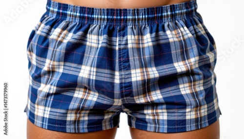 blue plaid boxer shorts soft waistband menswear comfort clothing fashion product photography isolated on white background