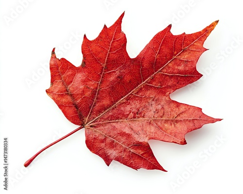 Vibrant red maple leaf on a white background.