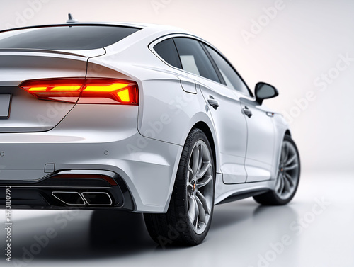 Sleek white car showcasing its rear lights and dual exhaust against a clean background