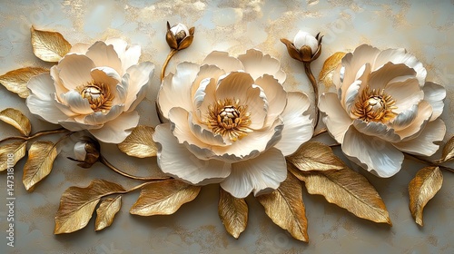 Peonies in stucco with golden leaves and buds.