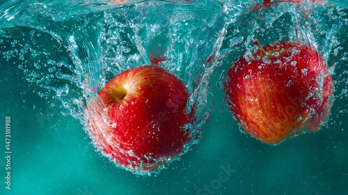 Two ripe red apples splashing into crystal teal water droplets cascading all directions contrasting colors creating eye catching energetic composition clear cut out on isolated transparent background