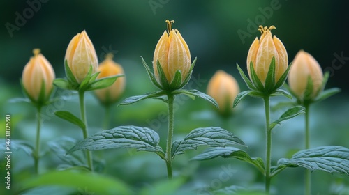 Four delicate, pale yellow flower buds stand tall amidst lush greenery