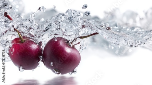 Plunging cherries burst through clear water, creating a refreshing splash and vibrant, glossy effect. A clean, dynamic still life