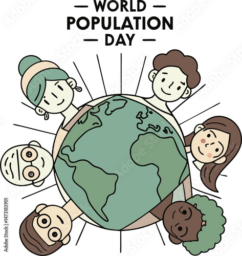 World Population Day: A vibrant illustration celebrating World Population Day, featuring diverse individuals embracing the globe, symbolizing global unity, awareness.