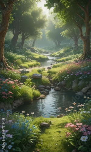 Emerald canopy, crystal stream, wildflowers carpet,  background,  water