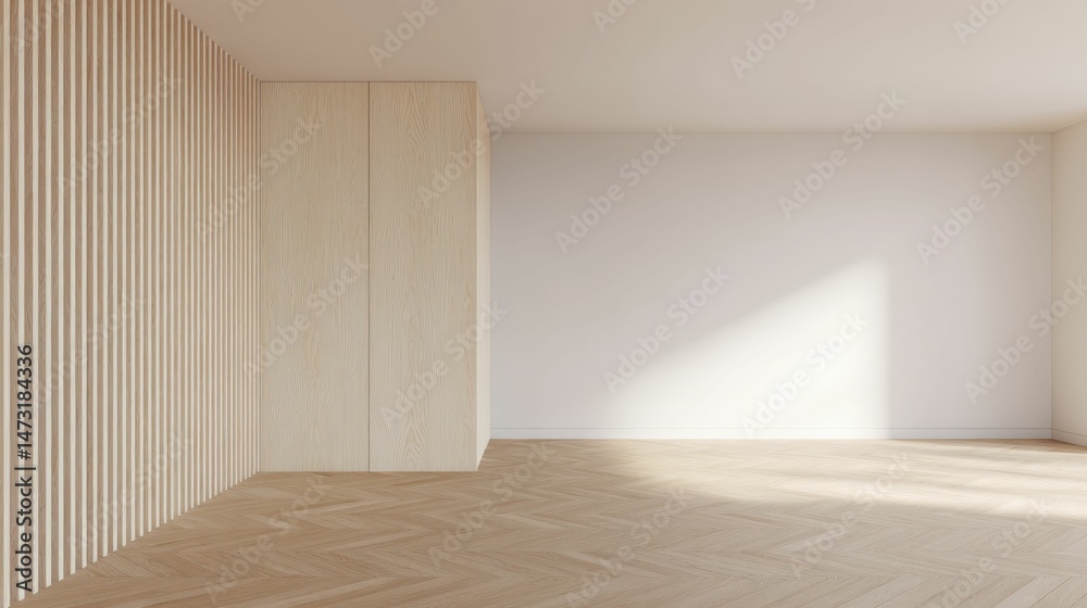 Fototapeta premium Minimalist Interior Design with Wooden Accent Wall and Herringbone Floor
