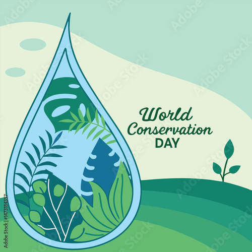 World Conservation Day: A vibrant and artistic graphic illustration of a water drop symbolizing World Conservation Day, featuring diverse green foliage within the drop.