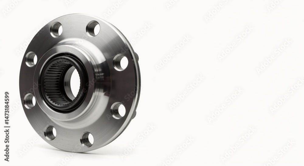 Metal flange with grooves and holes against a white background Metal flange with grooves and holes against a white background