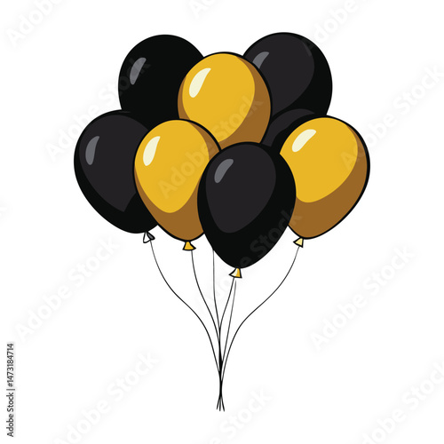 A bunch of realistic black and gold helium balloons floating together, gleaming with metallic shine, perfect for elegant celebrations or luxury-themed events.
