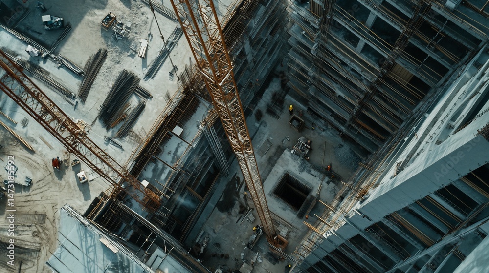 Aerial view of a construction site with cranes and workers at the ground level Aerial view of a construction site with cranes and workers at the ground level