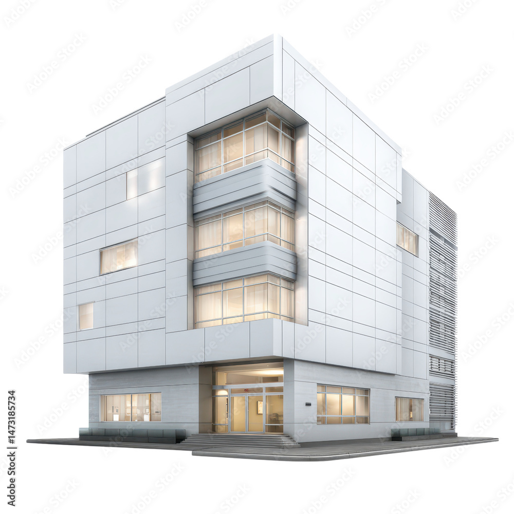 Fototapeta premium A modern, multi-story office building with large windows and a sleek, minimalist design.