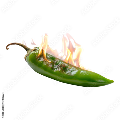 Green Chili Pepper on Fire with Transparent Background for Stock Use