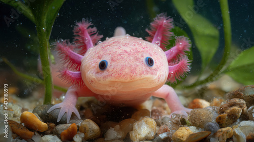 Close-up of a pink axolotl, a unique amphibian, with feathery gills, in an aquatic environment, surrounded by small pebbles and aquatic plants. : Generative AI
