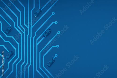 autonomous driving cars in the background of circuit board technology lines
