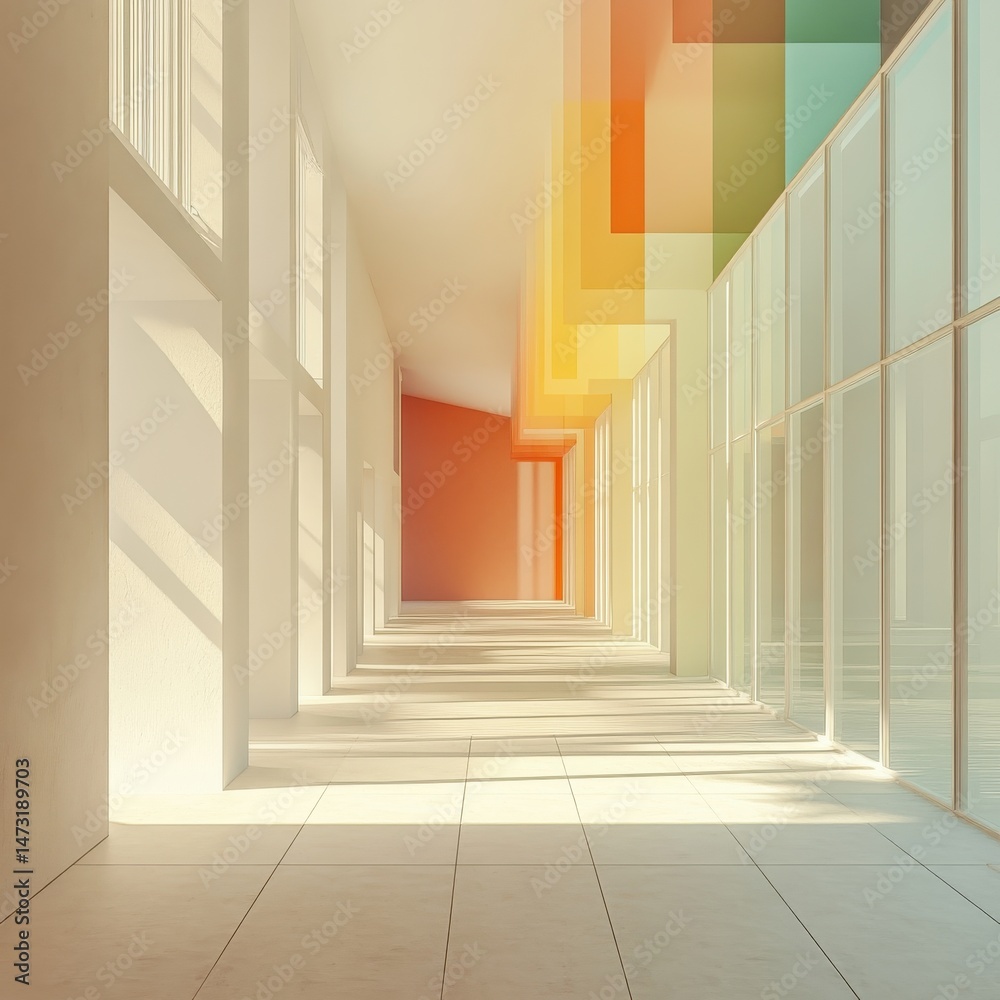 Obraz premium Sunlit Minimalist Hallway with Pastel Glass Panels