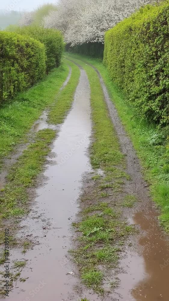Serene rural path lined with lush greenery and puddles after rain, inviting exploration Serene rural path lined with lush greenery and puddles after rain, inviting exploration