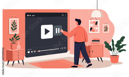 Man interacting with a large online video player interface in a decorated room