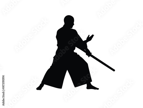 Aikido silhouette. This image shows a black silhouette of an aikido practitioner demonstrating a defensive throw, emphasizing movement and technique. Vector clipart illustration design.