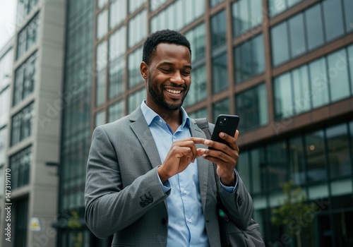 Smiling african american businessman using a smartphone outdoors