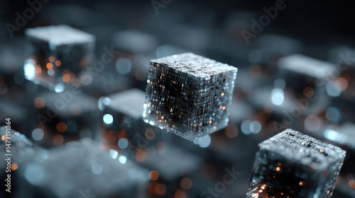 Abstract digital cubes with binary code, glowing, futuristic technology concept.  Dark background, metallic texture, data visualization. : Generative AI
