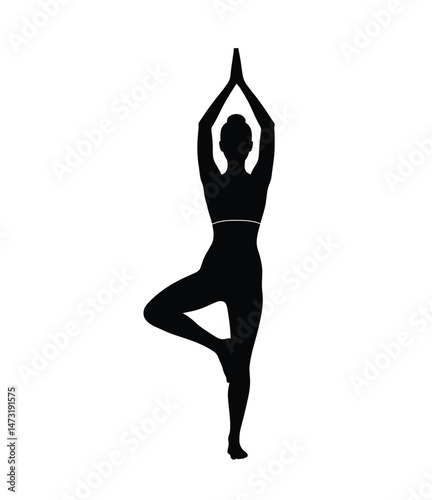 Yoga tree pose silhouette. This image shows a person performing a yoga tree pose, also known as Vrksasana, in silhouette form. Vector clipart illustration design.