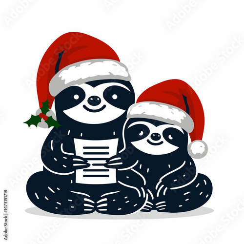 Sloth Couple wear santa hat writing a poem together. Merry Christmas Cartoon clipart vector draw Holiday Decoration. Slow duo festooned with headwear composing verse jointly for yuletide.