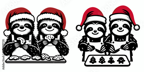 Sloth Couple wear santa hat baking cookies. Merry Christmas Cartoon clipart vector draw Holiday Decoration. Leisurely pair don festive headgear preparing confection seasonal.