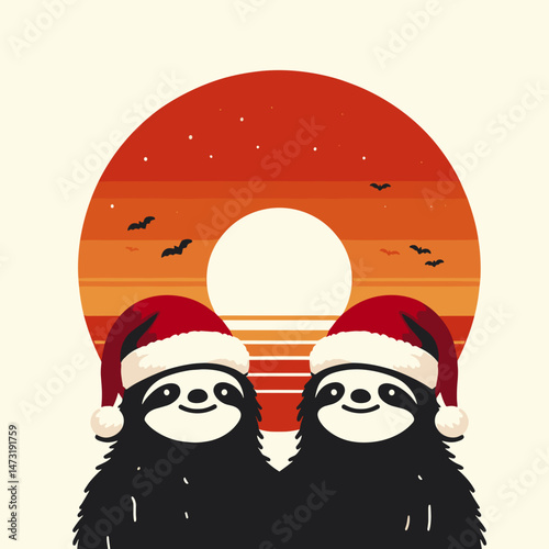 Sloth Couple wear santa hat watching the sunrise. Merry Christmas Cartoon clipart vector draw Holiday Decoration. Slow pair don festive headwear viewing daybreak yuletide pet scenery.
