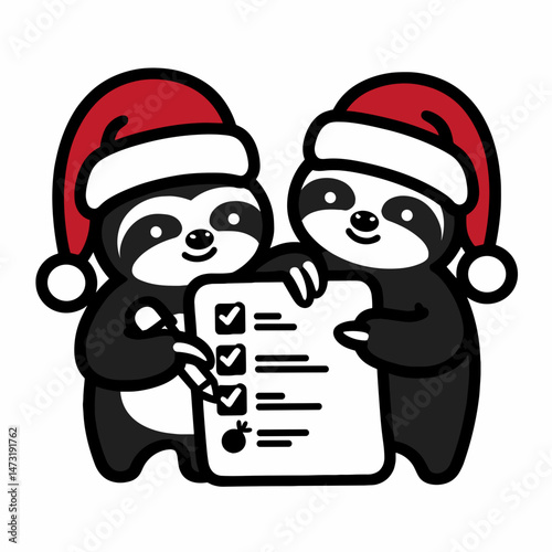 Sloth Couple wear santa hat writing a bucket list together. Merry Christmas Cartoon clipart vector draw Holiday Decoration. holiday sluggish pair with cap crafting wish collection.