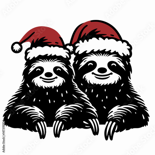 Sloth Couple wear santa hat sitting in silence. Merry Christmas Cartoon clipart vector draw Holiday Decoration. Festive pair headgear observe quiet peaceful moment.