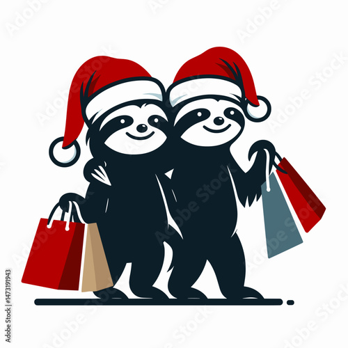 Sloth Couple wear santa hat shopping together. Merry Christmas Cartoon clipart vector draw Holiday Decoration. Slow pair don festive headwear obtaining product seasonal buying spree.