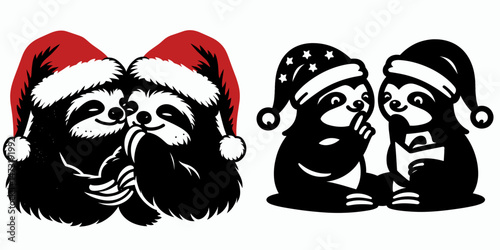 Sloth Couple wear santa hat sharing a secret. Merry Christmas Cartoon clipart vector draw Holiday Decoration. Sluggish pair in yuletide headwear whispering intrigue hush.