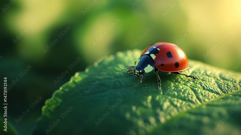 A ladybug on a green leaf bathed in sunlight, a macro shot showcasing the intricate details of both insect and plant. A ladybug on a green leaf bathed in sunlight, a macro shot showcasing the intricate details of both insect and plant.
