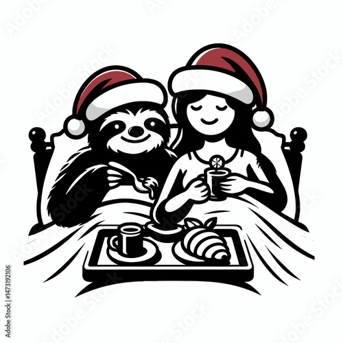 Sloth Couple wear santa hat making breakfast in bed. Merry Christmas Cartoon clipart vector draw Holiday Decoration. Sleepy pair cap prepping morn meal cozy indoors.