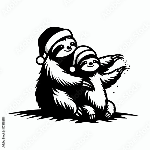 Sloth Couple wear santa hat making snow angels. Merry Christmas Cartoon clipart vector draw Holiday Decoration. Slow duo don festive headgear create winter imprint amid powder flurry.