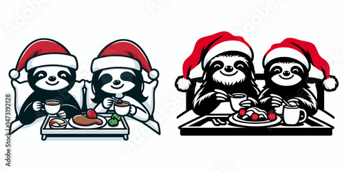 Sloth Couple wear santa hat making breakfast in bed. Merry Christmas Cartoon clipart vector draw Holiday Decoration. slow pair adore cap preparing meal on bedding adorable scene.